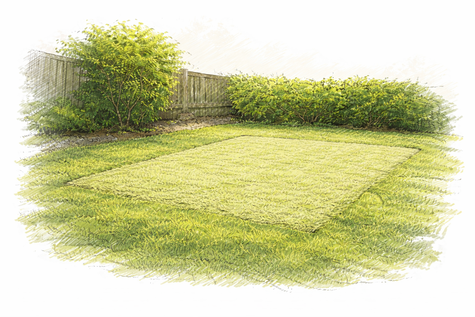 A clearly defined rectangular garden bed mowed short into the lawn