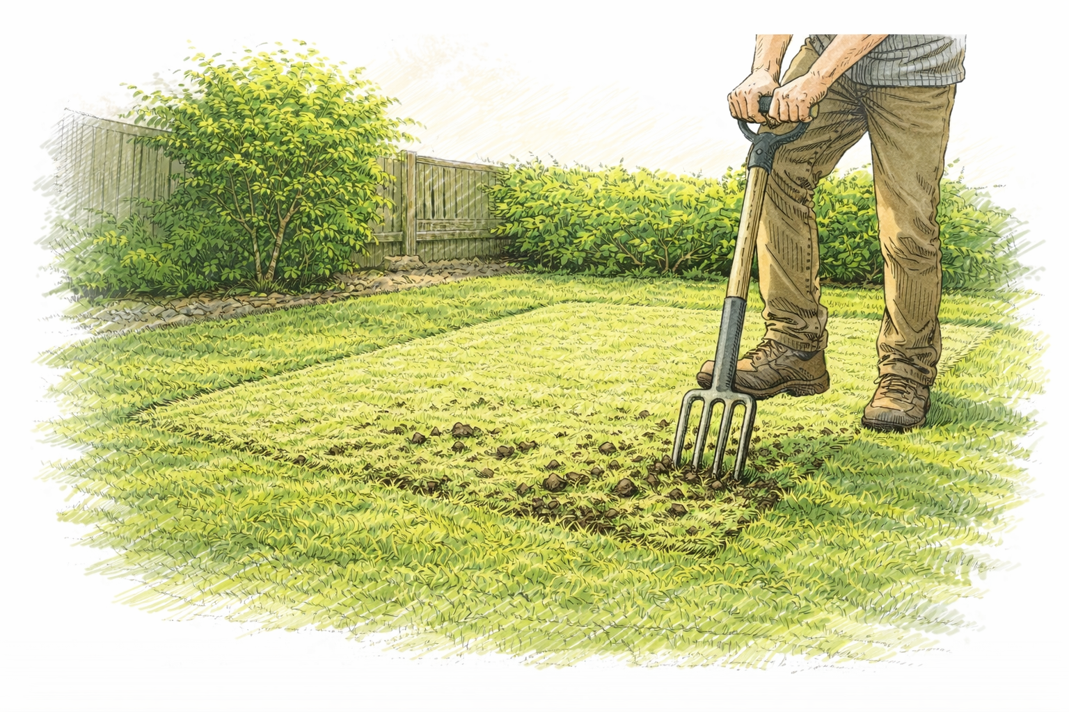 Loosening the ground lightly with a garden fork before sheet mulching