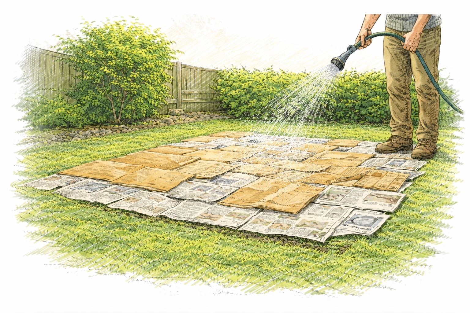 Cardboard or thick paper layered over the lawn to suppress grass