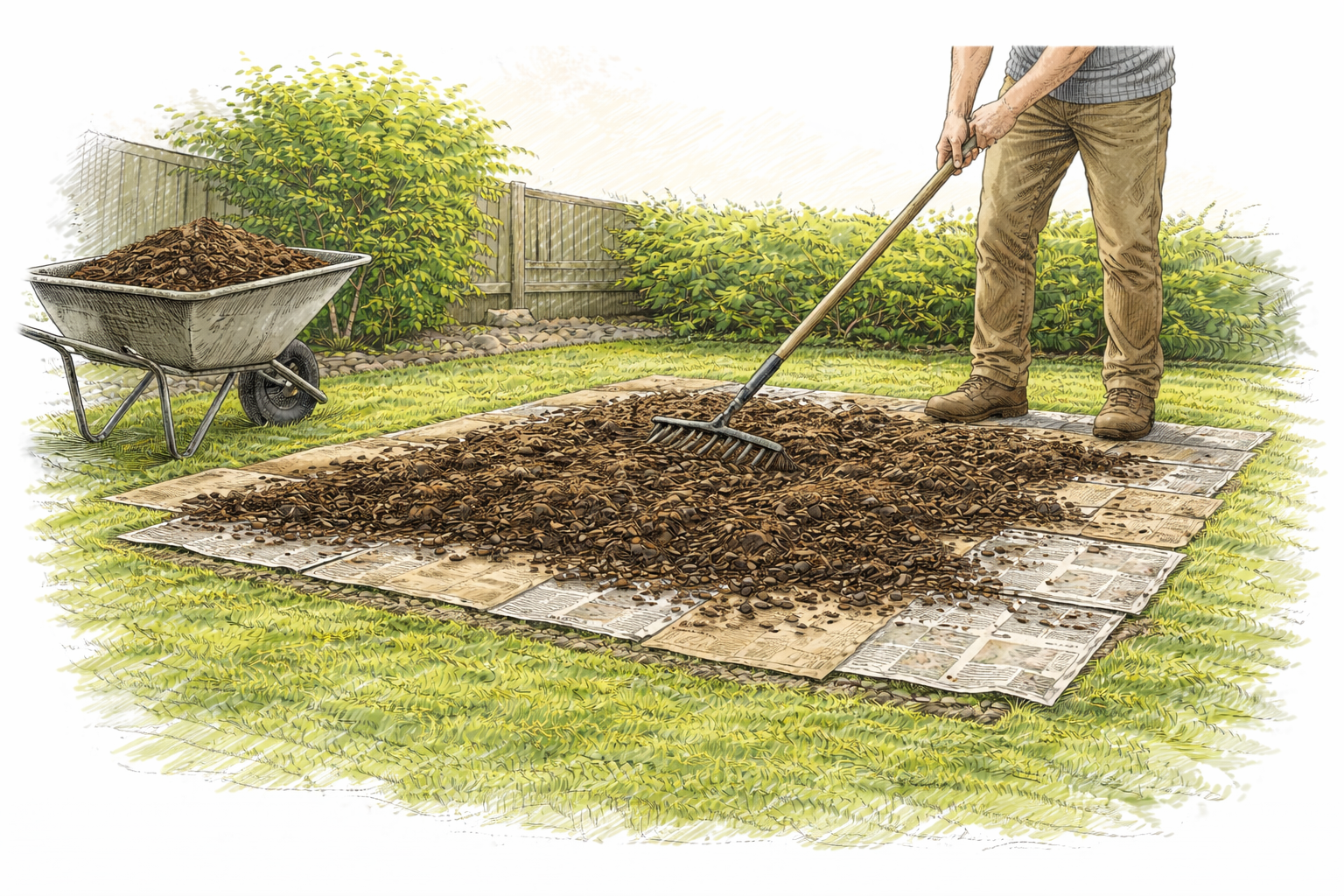 A thin layer of compost spread over paper and cardboard