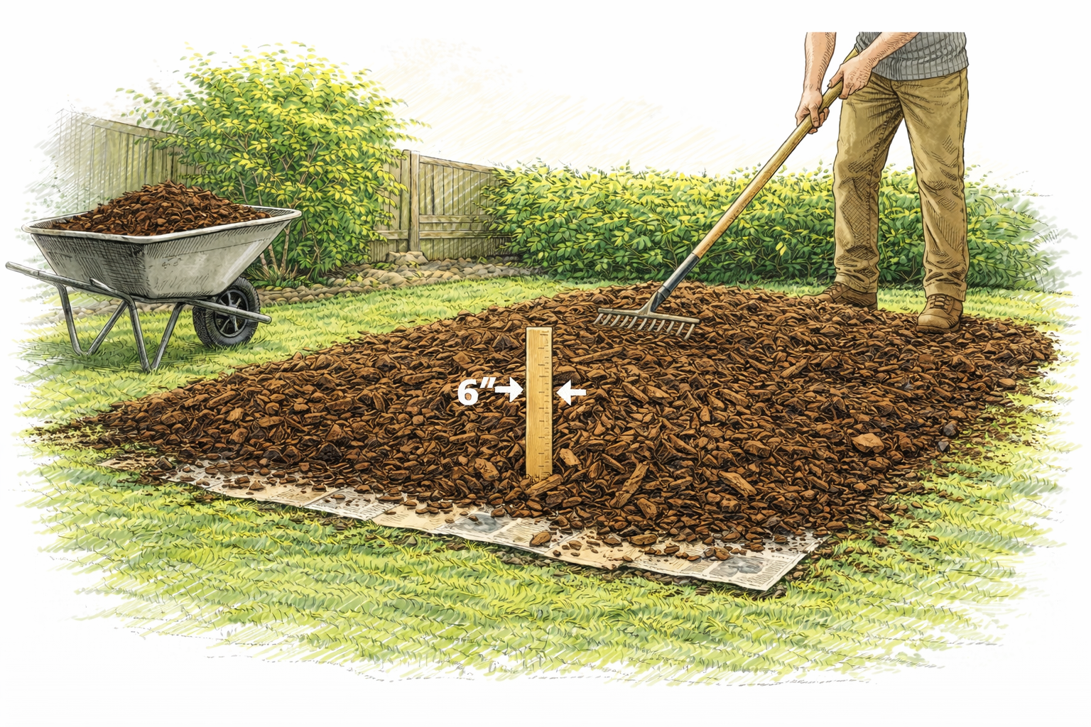 A thick layer of mulch spread over the new garden bed