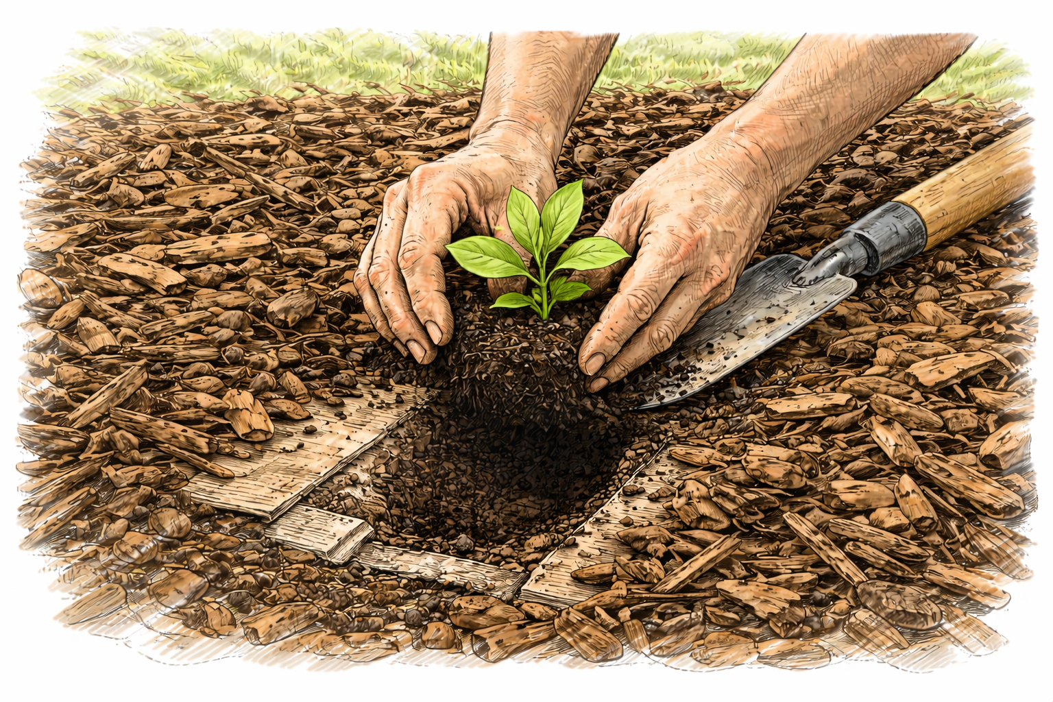 A planting hole opened through mulch and cardboard into the soil below