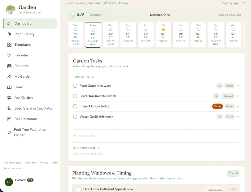 Garden by Willowbottom dashboard showing weather and daily garden guidance